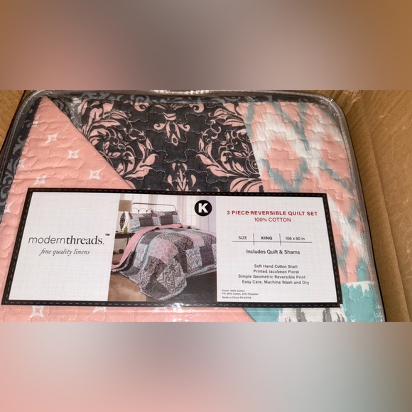 NWT Bed Bath& Beyond Sylvia Printed Reversible 3piece King Size Cotton Quilt Set - Picture 12 of 16